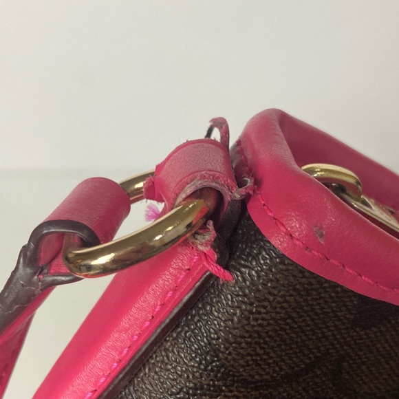 Coach Signature Print File Bag - Crossbody Dark Brown w/ Fuchsia Leather Piping - Picture 11 of 15